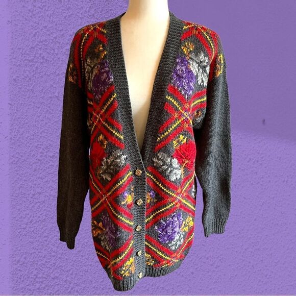 Vintage wool blend oversized knit cardigan plaid floral textured - Picture 2 of 13